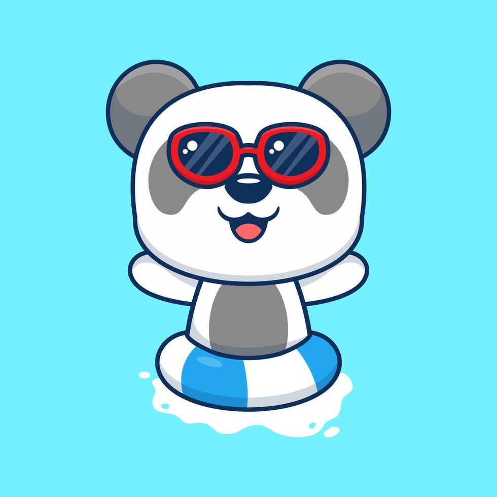 cute panda in sunglasses floating with swimming. flat cartoon style vector