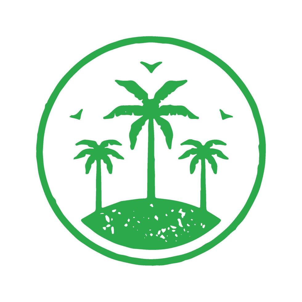 Uninhabited sea island with palm trees jungle and flying seagulls green circle logo grunge texture vector