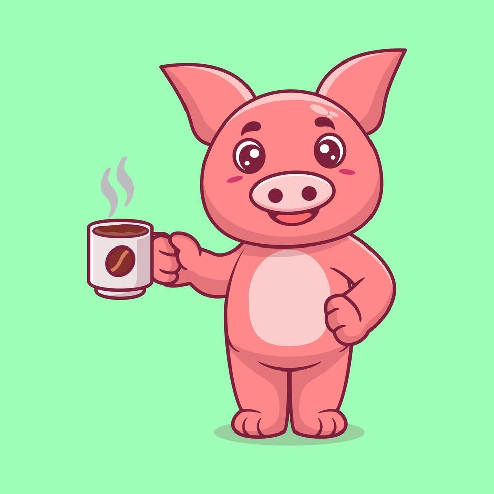 Cute pig drinking coffee cartoon icon illustration. Animal drink icon concept isolated flat cartoon style vector