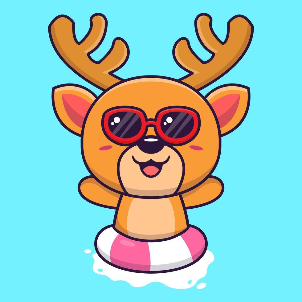 cute deer in sunglasses floating with swimming. flat cartoon style vector