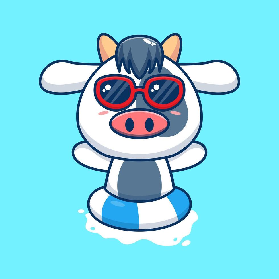 cute cow in sunglasses floating with swimming. flat cartoon style vector