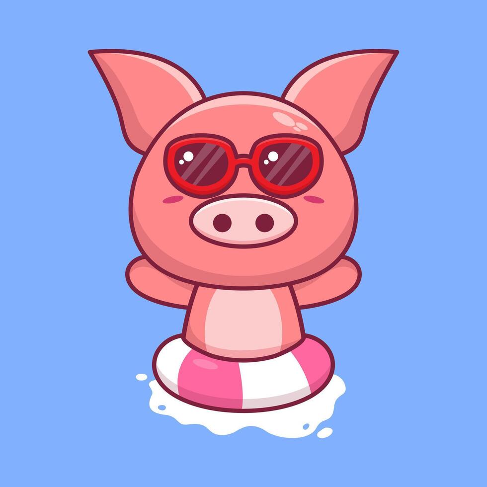 cute pig in sunglasses floating with swimming. flat cartoon style vector