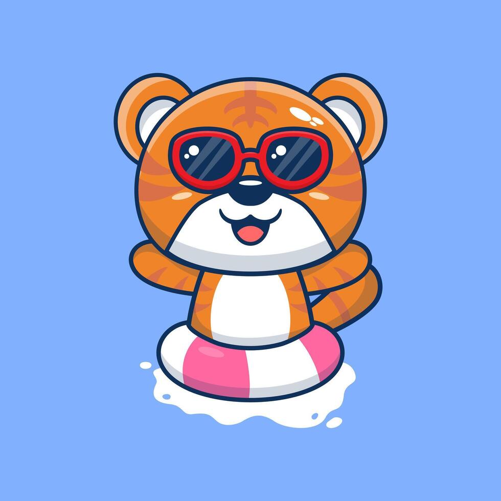 cute tiger in sunglasses floating with swimming. flat cartoon style vector