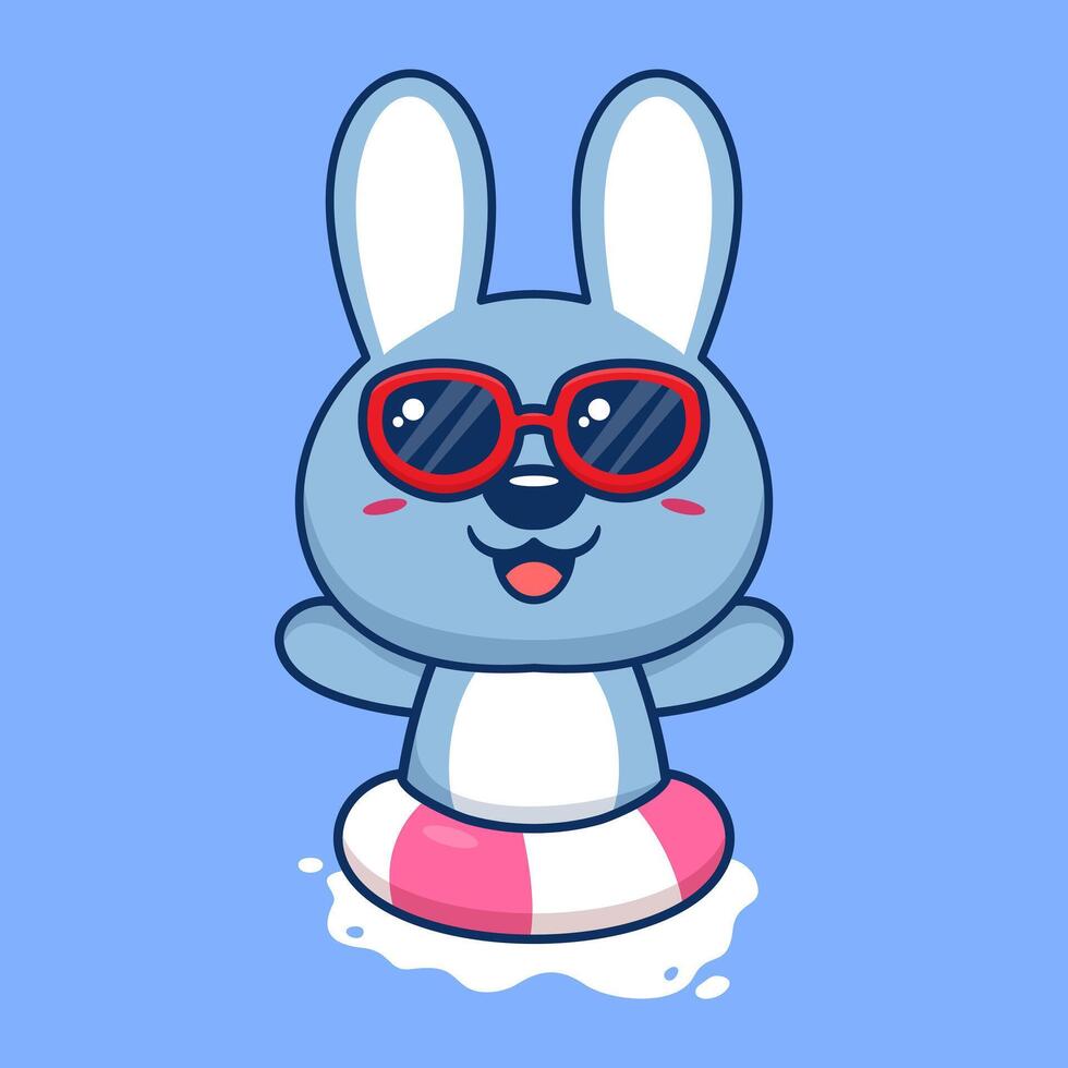 cute rabbit in sunglasses floating with swimming. flat cartoon style vector