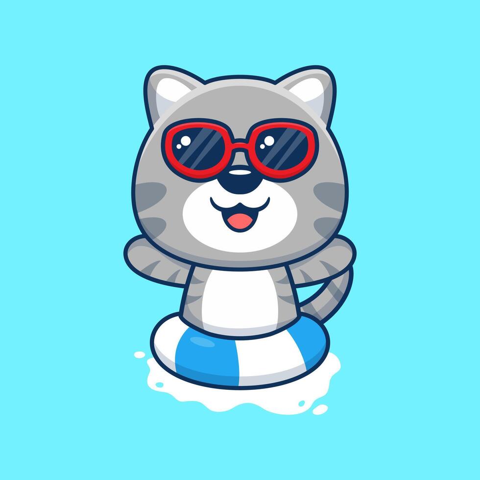 cute cat in sunglasses floating with swimming. flat cartoon style vector