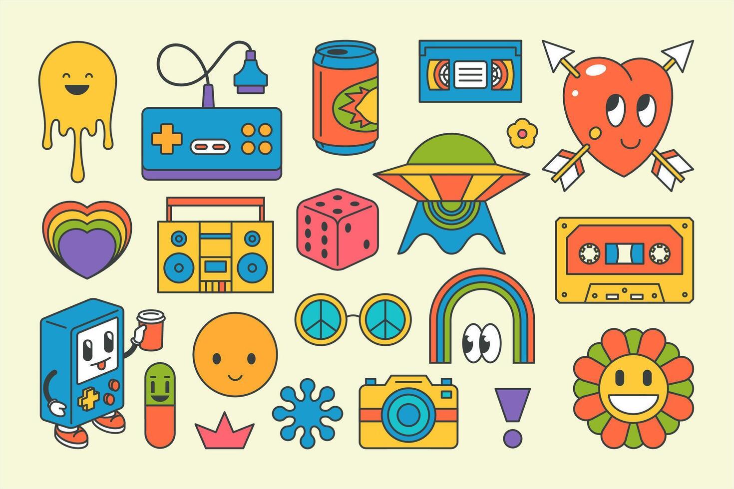 Retro hippie electronic devices graphic elements pop art groovy contoured design cartoon vector