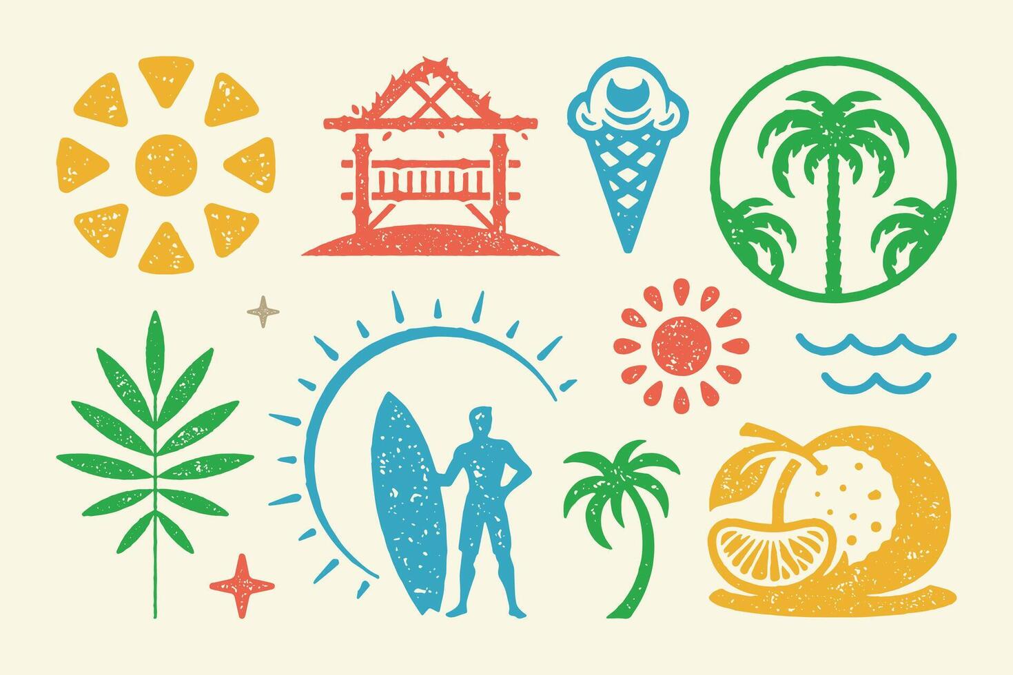 Summer symbols and objects set illustration. Orange with slice and palm grove vector