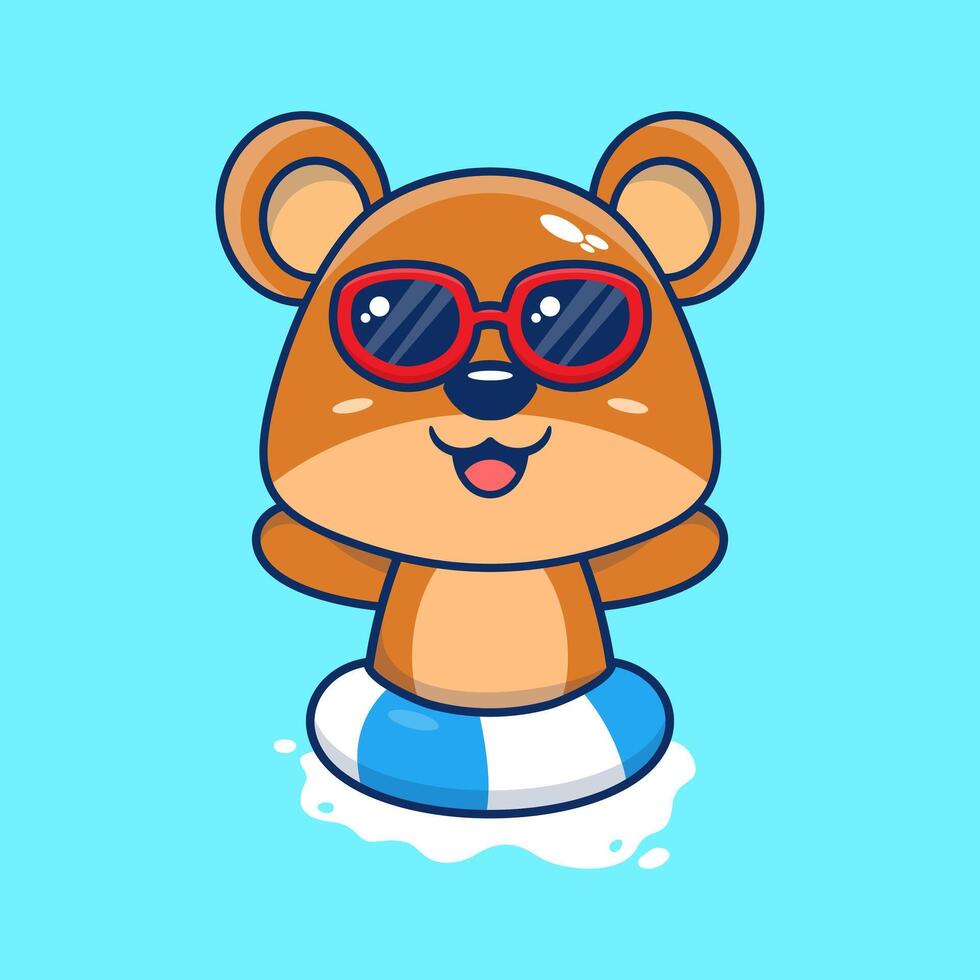 cute teddy bear in sunglasses floating with swimming. flat cartoon style vector