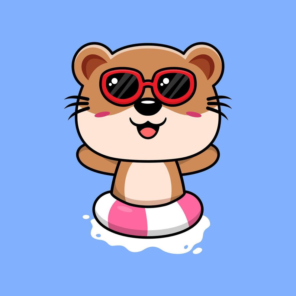 cute otter in sunglasses floating with swimming. flat cartoon style vector