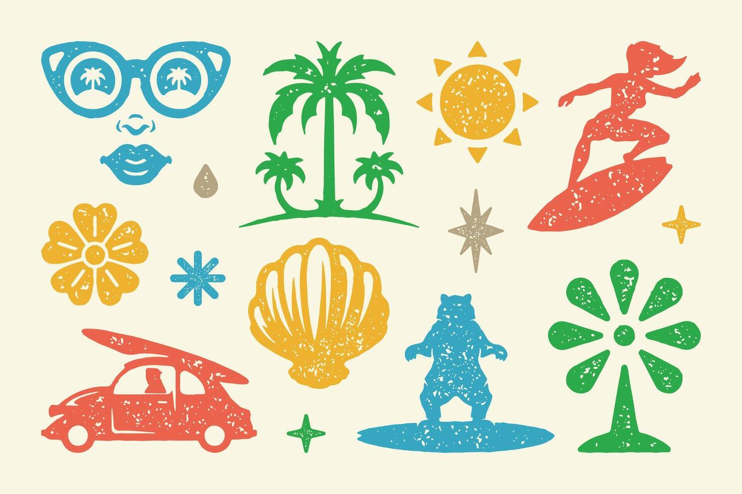 Summer symbols and objects set illustration. Bear on board and surfers car vector