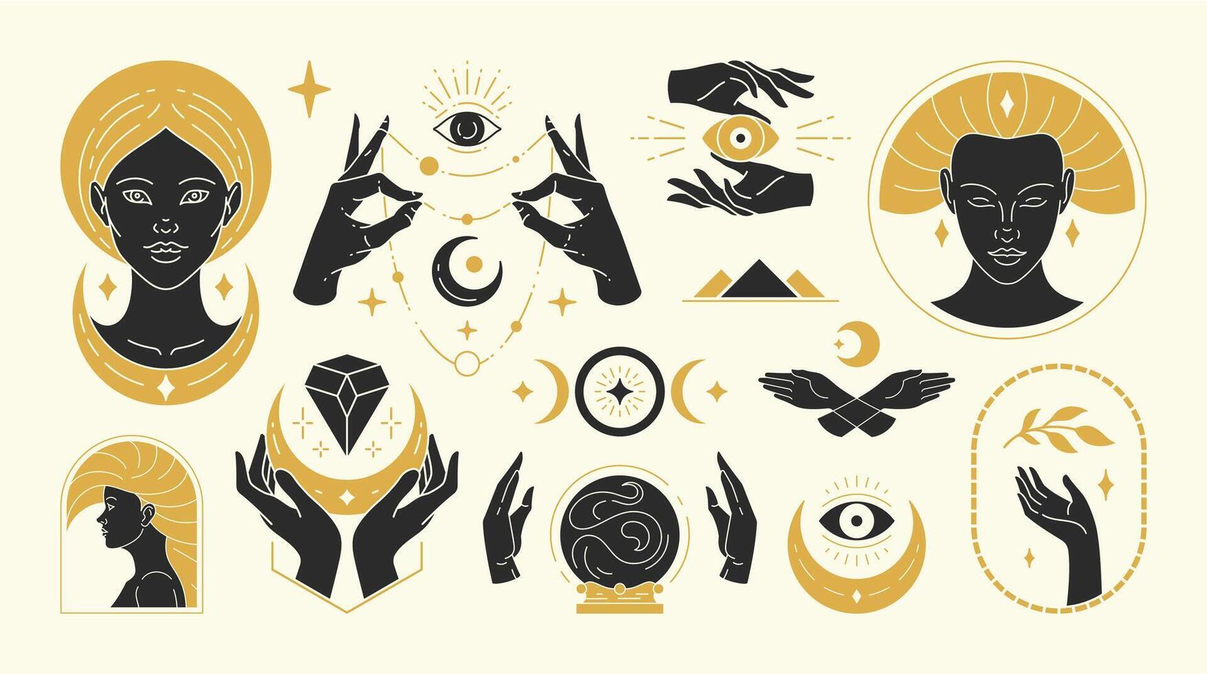 Magic woman illustrations of graceful feminine women and esoteric symbols set vector