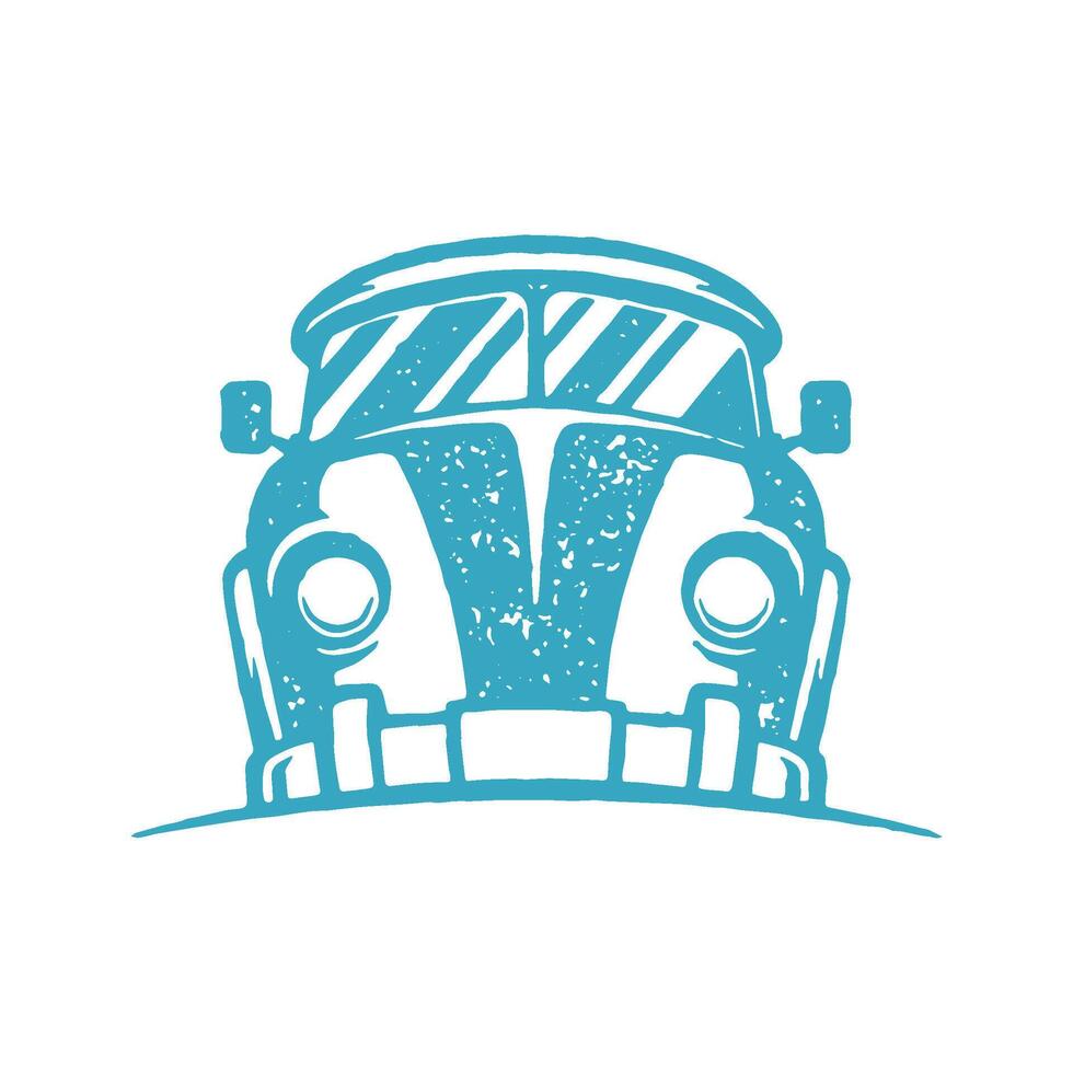 Hipster car retro bus for summer travel adventure vacation front view blue grunge texture vector