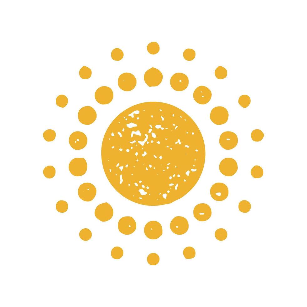 Cute bright yellow circle sun with rounded pint abstract rays hand drawn grunge texture vector