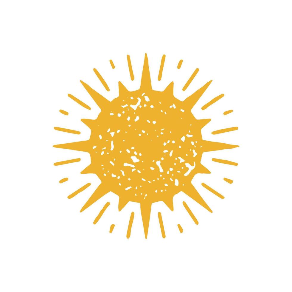 Amazing natural yellow hand drawn abstract sun with sharp thorn shining beams sparkle grunge texture vector