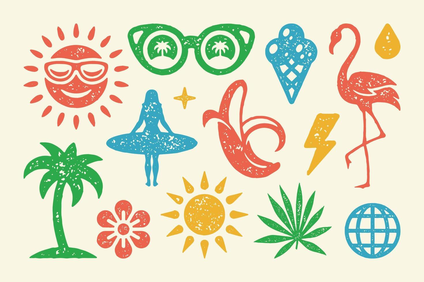 Summer symbols and objects set illustration. Flamingo with cone refreshing ice cream vector