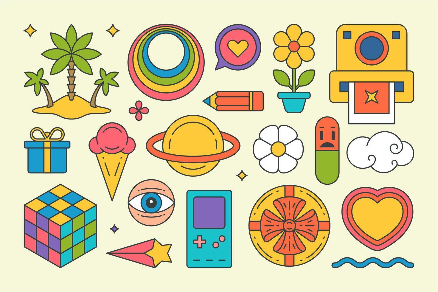 Collection groovy elements island palm trees, rainbow circle, psychedelic pile stickers vector