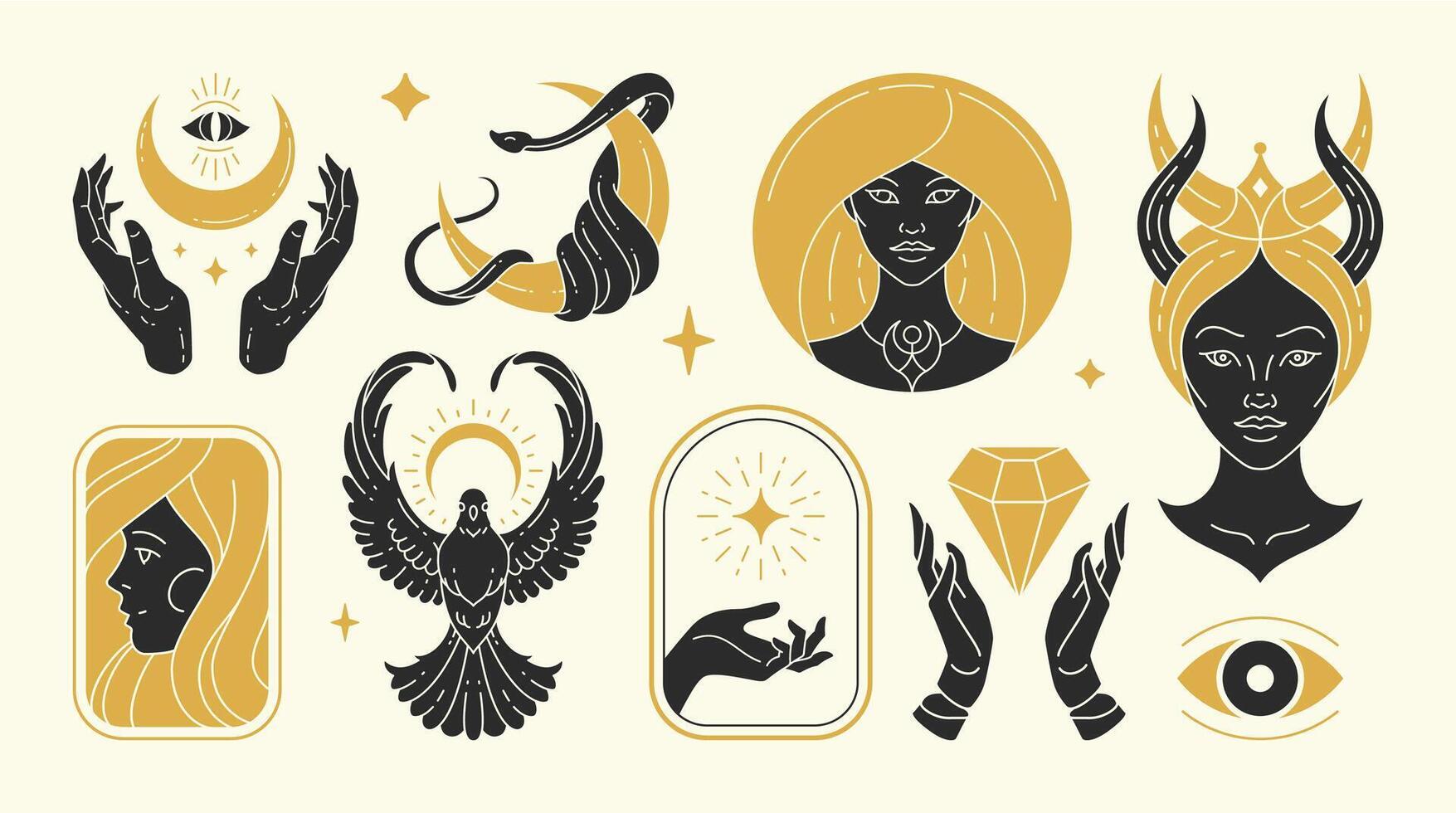 Magic woman illustrations of graceful feminine women and esoteric symbols set vector
