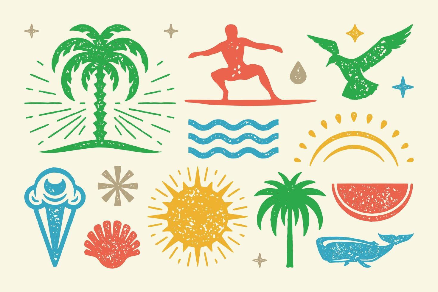 Summer symbols and objects set illustration. Cold ice cream cone with watermelon wedge vector