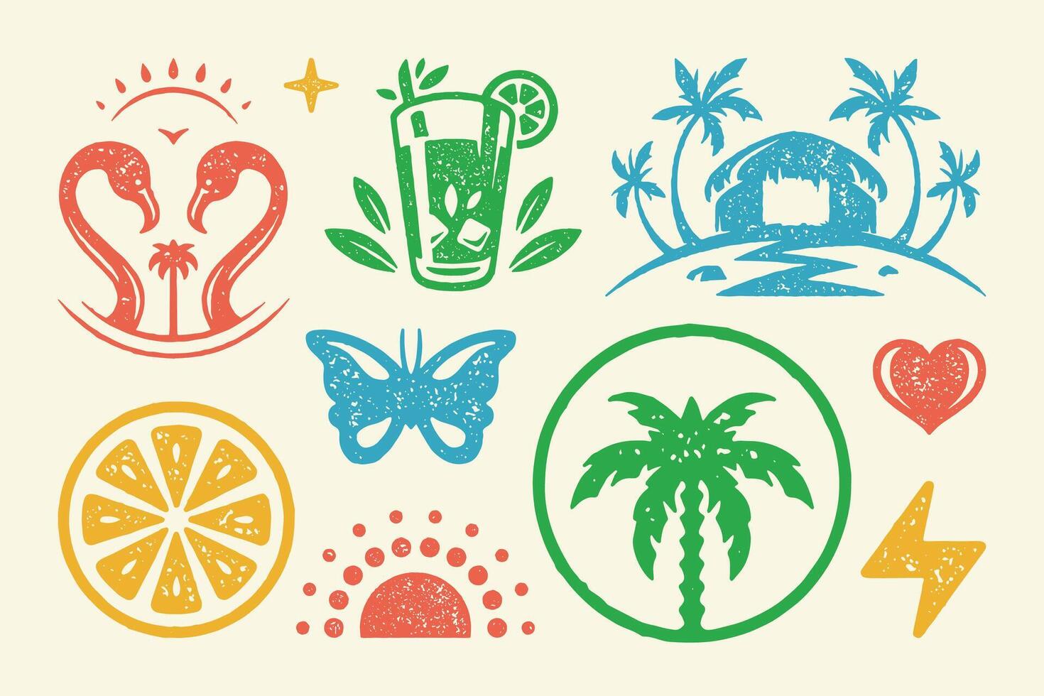 Summer symbols and objects set illustration. Glass of lemonade with beautiful butterfly vector