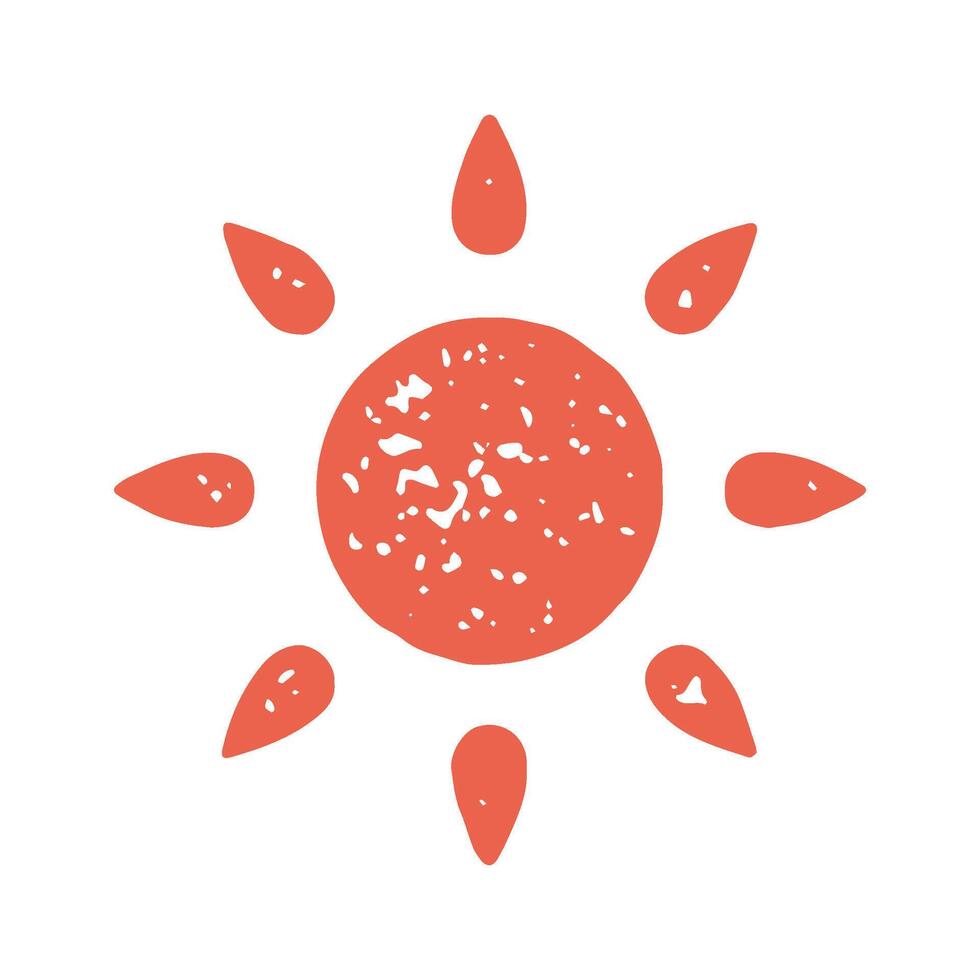 Minimalist red sun with ornamental rays summer vacation symbol grunge texture decorative design vector