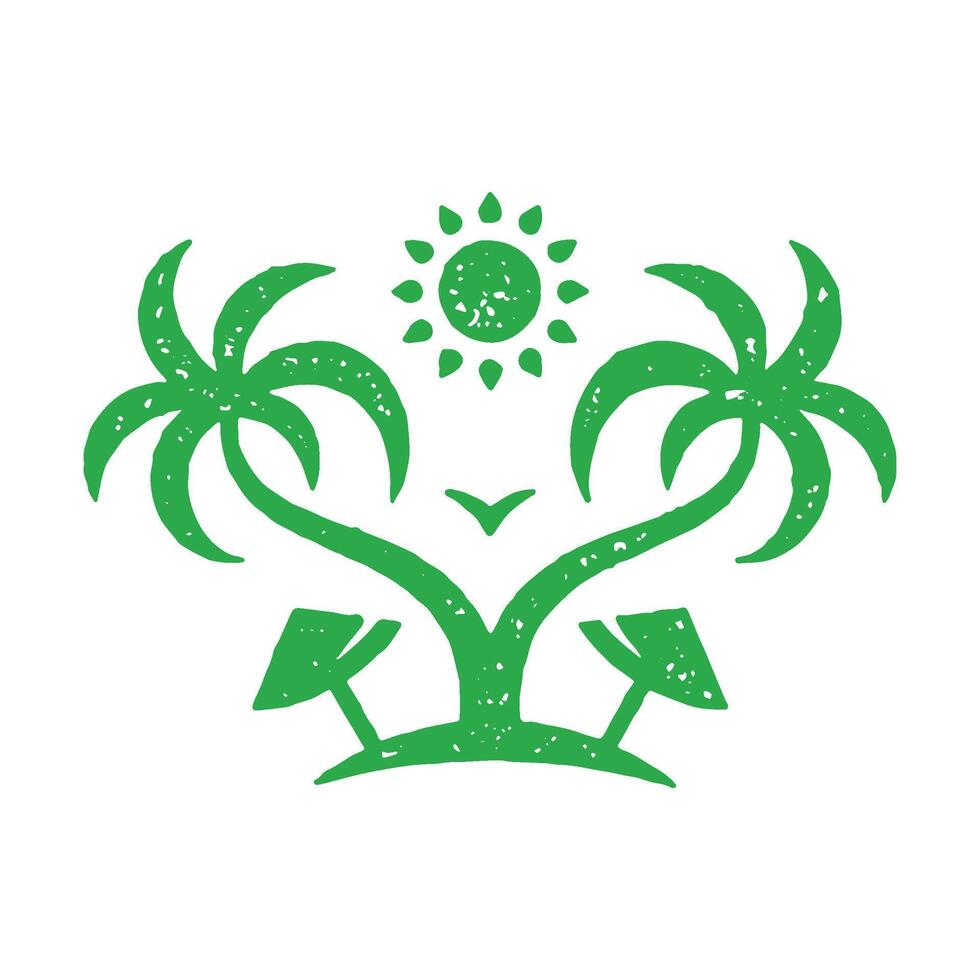 Romantic tropical island landscape with curved palm tree, seagull, sunbathing umbrella and sun vector