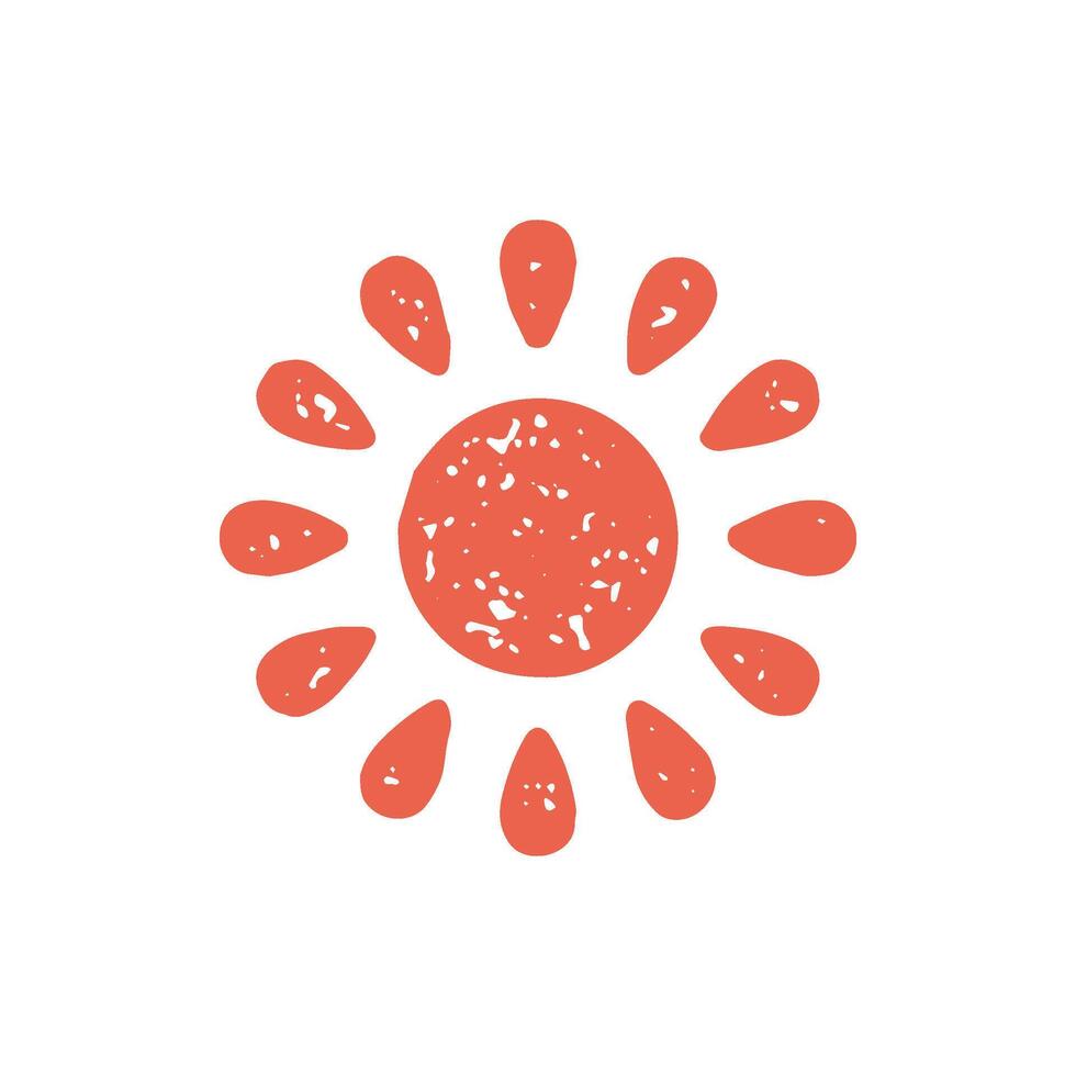 Red burning sun with curved drop shape rays heat warm summer temperature hand drawn grunge texture vector