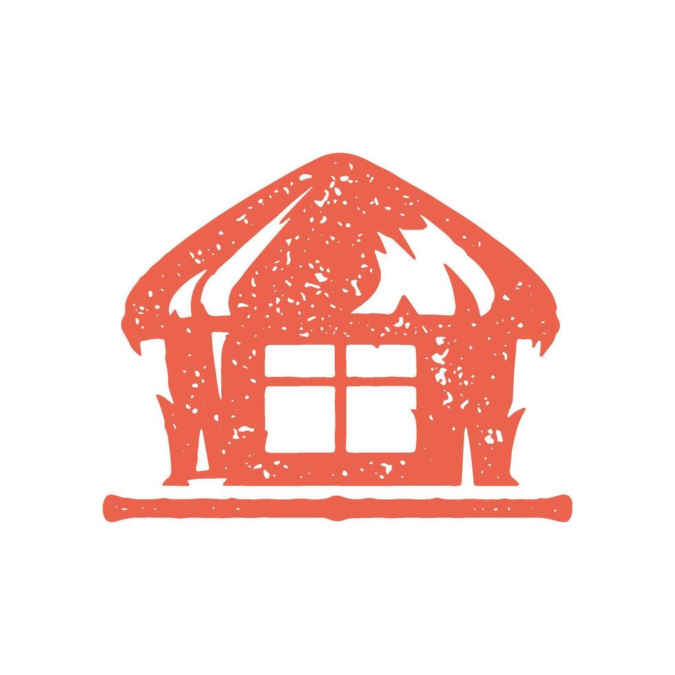 Tropical red hand drawing bungalow with straw roof and window for summer travel vacation vector