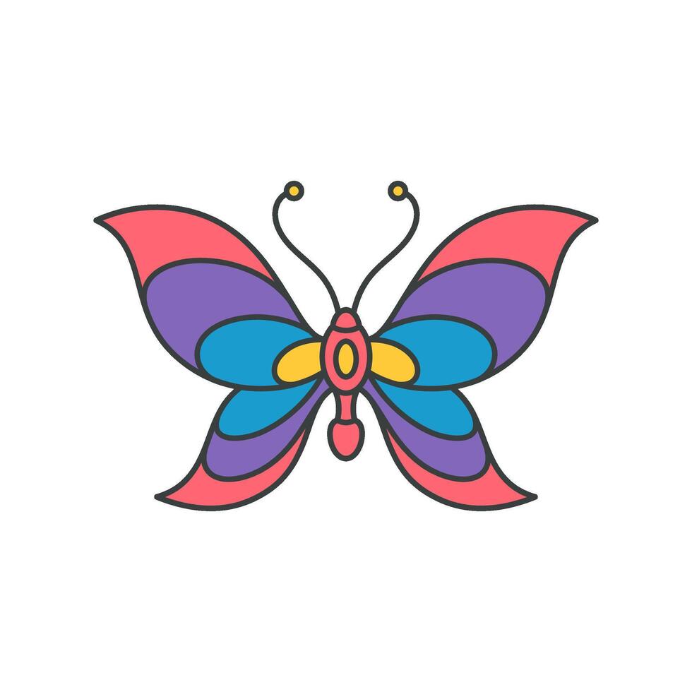 Abstract multicolored summer rainbow striped butterfly open wings and antennae pop art groovy vector