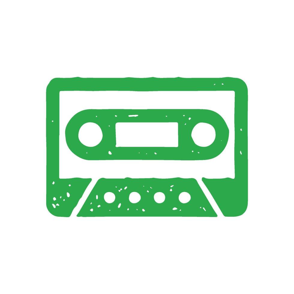 Monochrome simple hand drawn logo green audio cassette with magnetic tape for listening vector