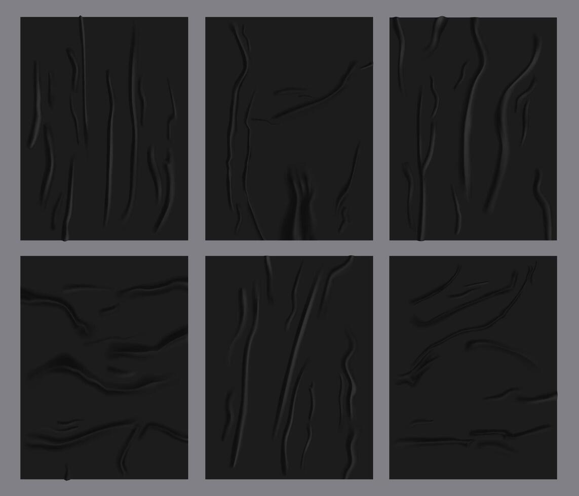 Crumpled paper sheets. Realistic glued wetness paper, black adhesive paper poster with wrinkles texture. Glued paper illustration set vector