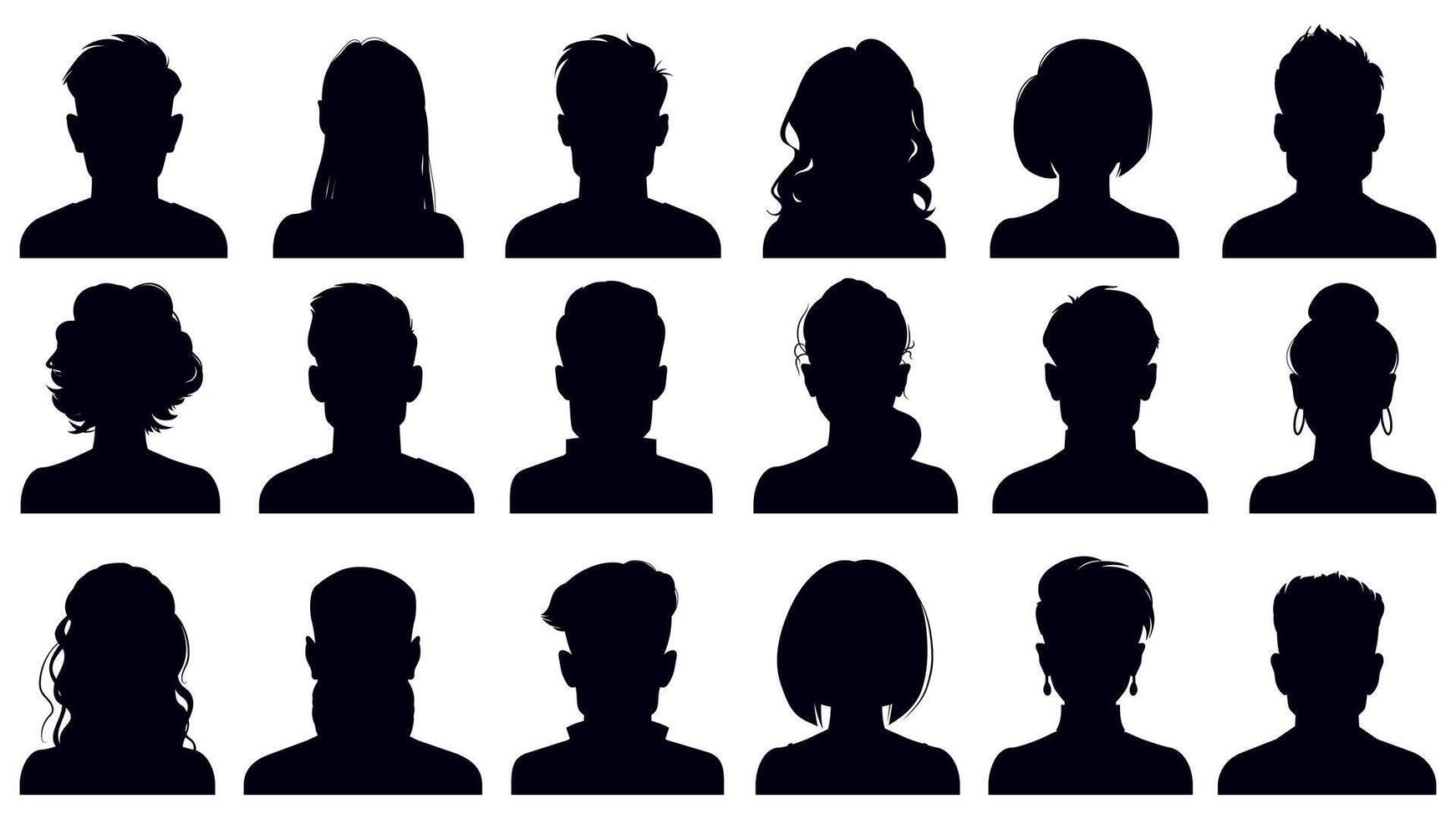 Avatar portrait silhouettes. Woman and man faces portraits, anonymous characters avatars. Adult people head silhouettes illustration set vector