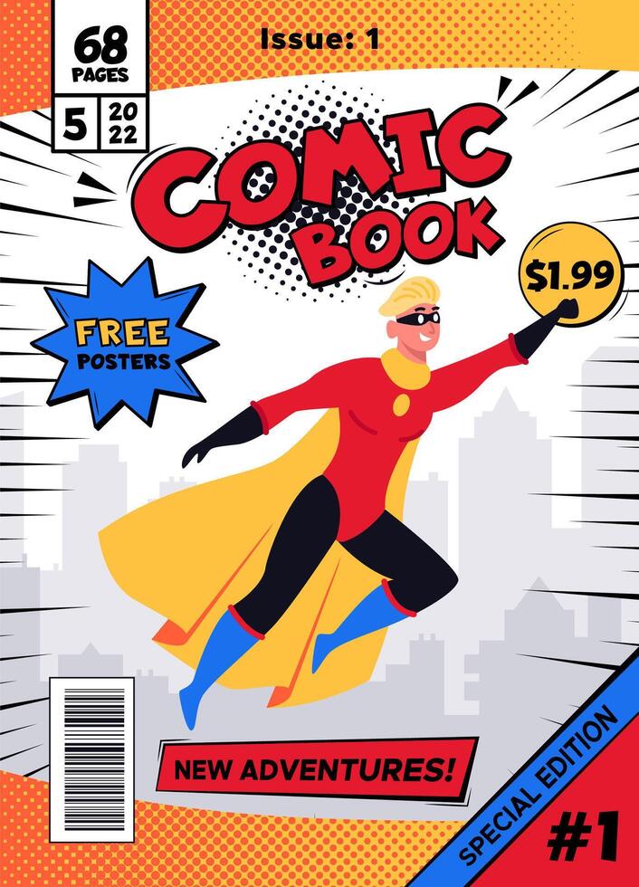 Comic book cover. Vintage magazine with male superhero character in action pose illustration. Retro comic book template vector