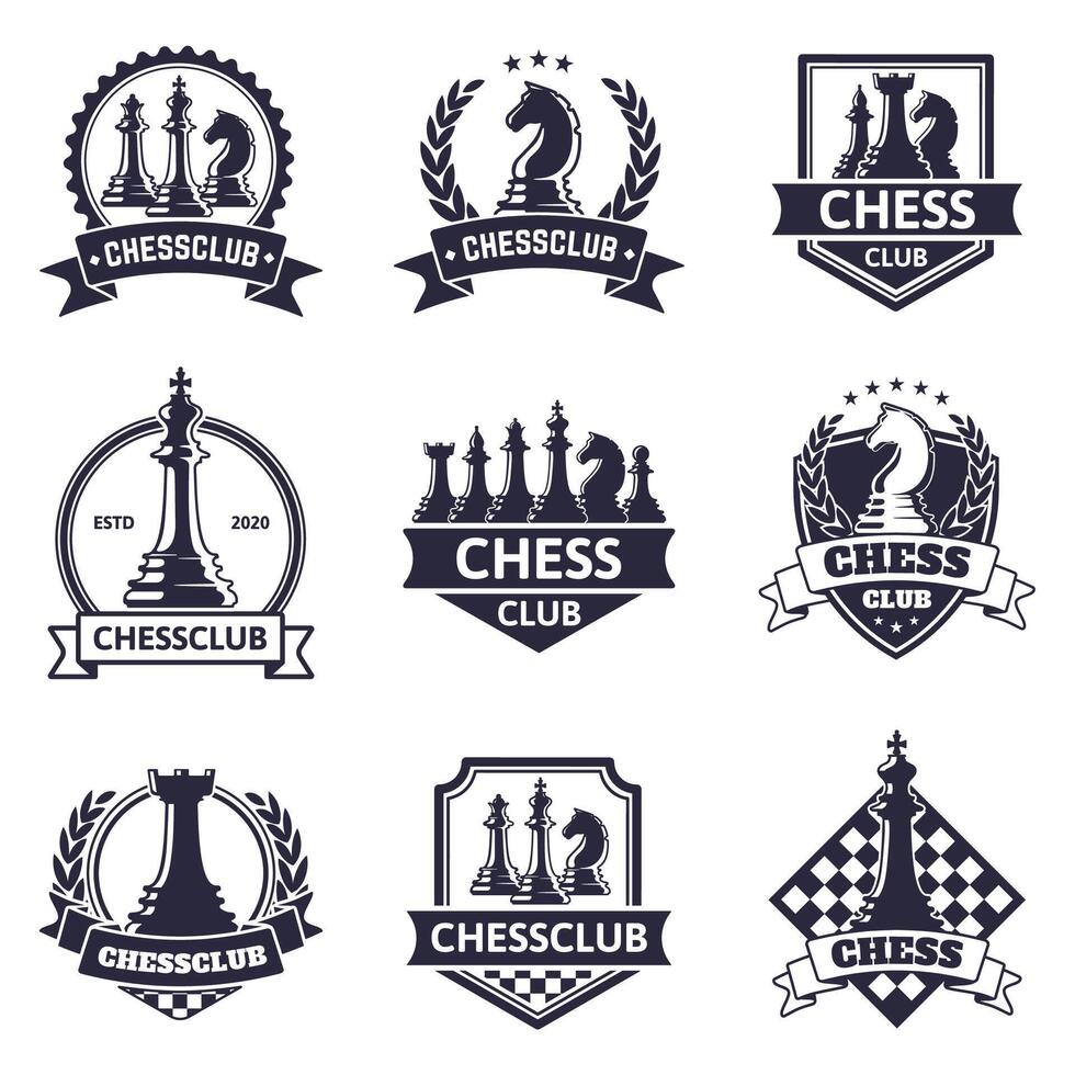 Chess club emblem. Chess game, chess tournament logo, king, queen, bishop and rook chess pieces silhouettes. Tactical game emblems illustration set vector