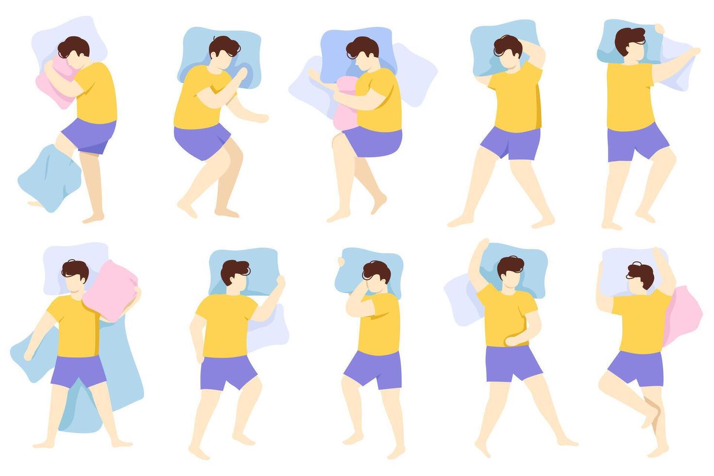 Man sleeping position. Adult male character healthy night sleep pose, person sleeping in bed. Sleep guy position illustration set vector