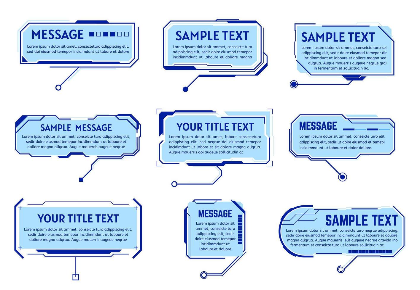 Callouts title frames. Futuristic callout information boxes, hologram interface text window. Digital interface description frames illustration set vector