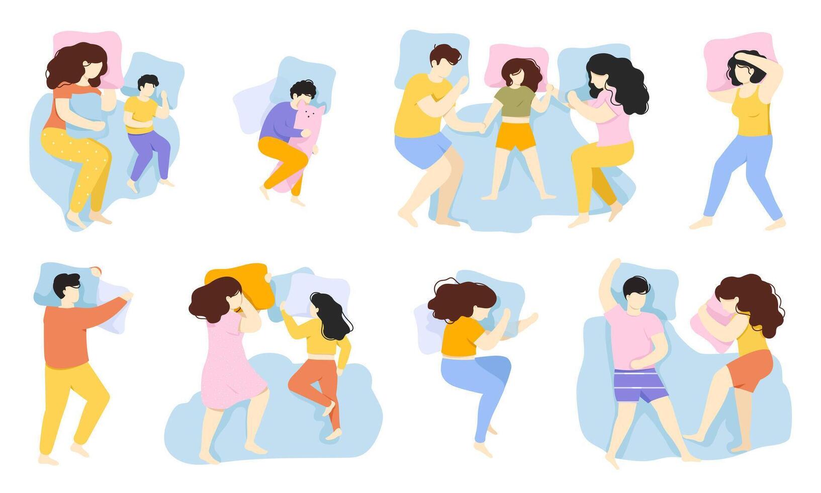 Sleeping people. Man, woman and child sleep pose, male and female characters healthy night sleep in bed. People sleeping poses illustration set vector