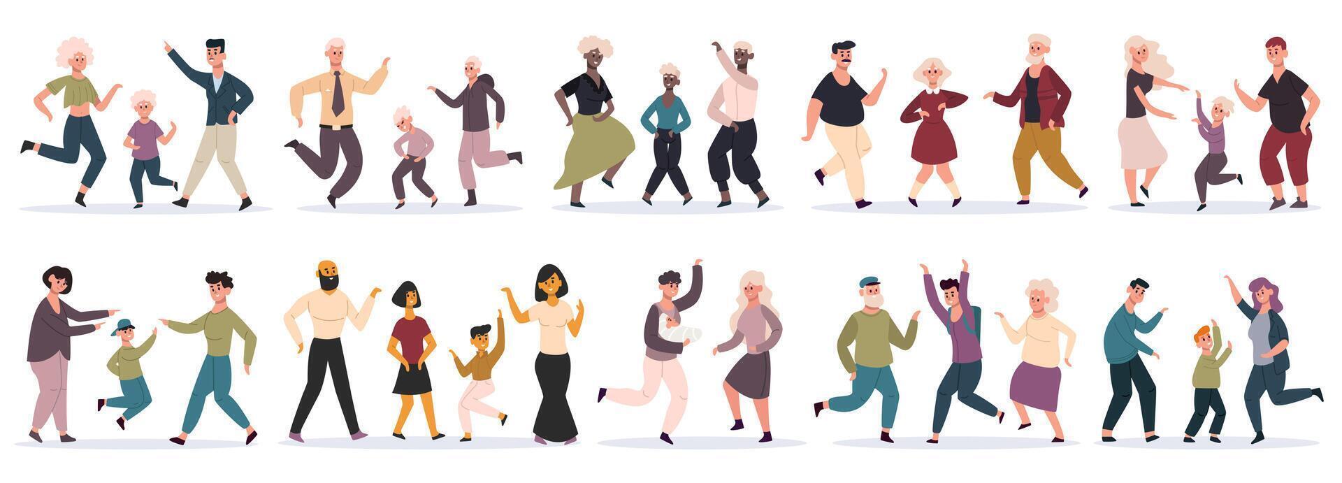 Happy dancing families. Parents dancing with children, mom, dad and kids having fun together, party at home. Family celebrating illustration set vector