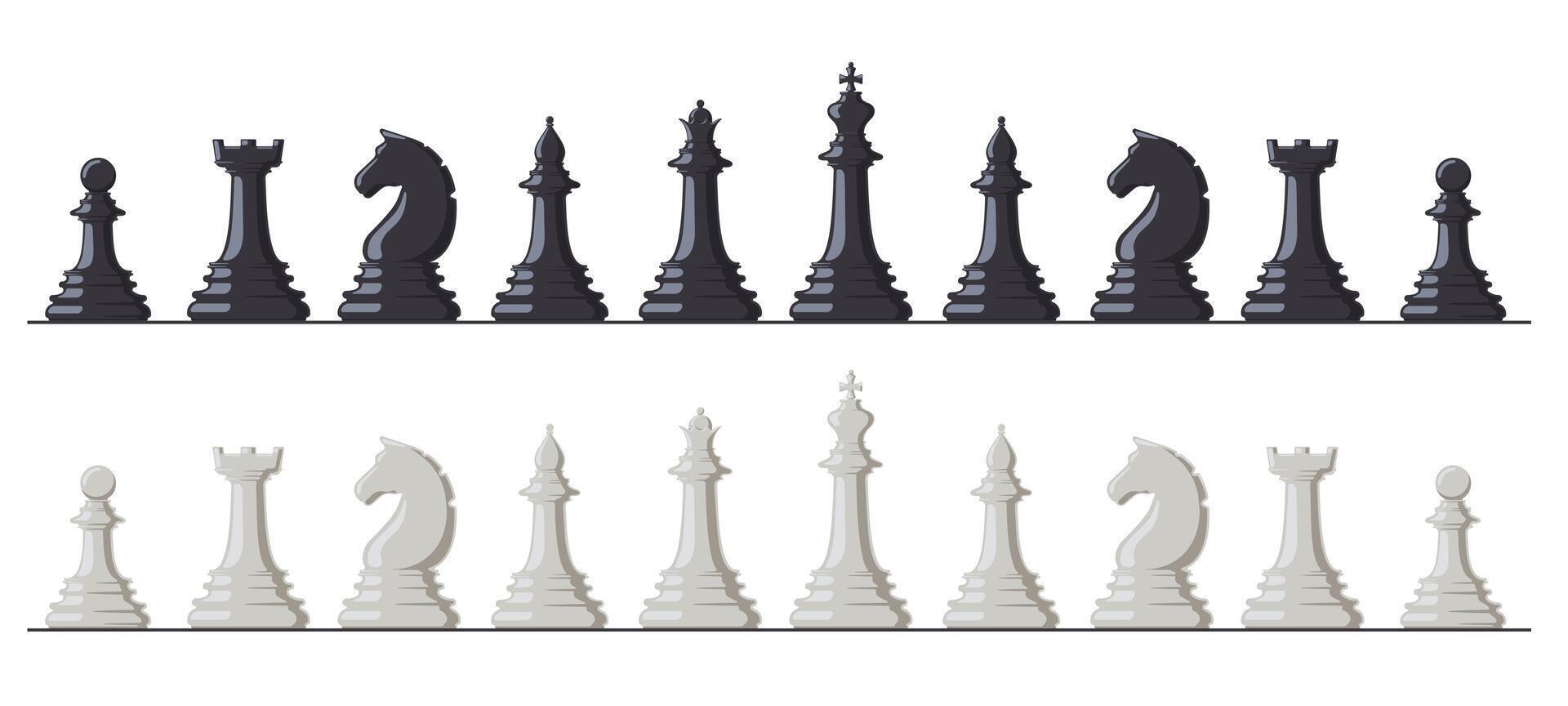 Chess game. Black and white chess pieces, king, queen, bishop, rook, knight and pawn. Logic intellectual chess game figures illustration set vector