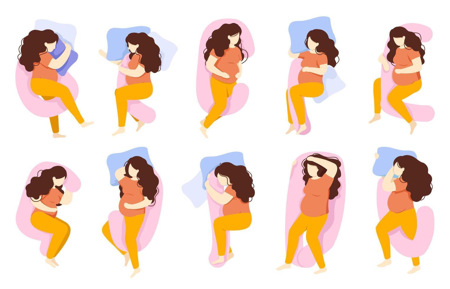 Pregnant sleeping poses. Woman comfortable sleeping poses, pregnant healthy night sleep. Various preggo sleep pose illustration set vector