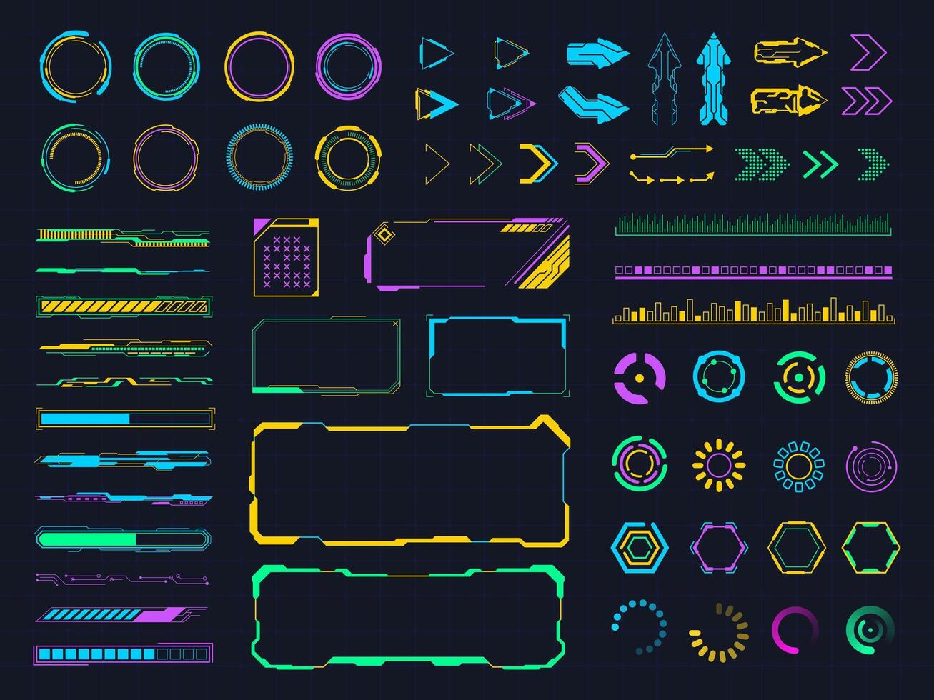 Interface hud elements. Digital holographic hud bars and frames, user screen menu elements. Futuristic hologram panels illustration set vector