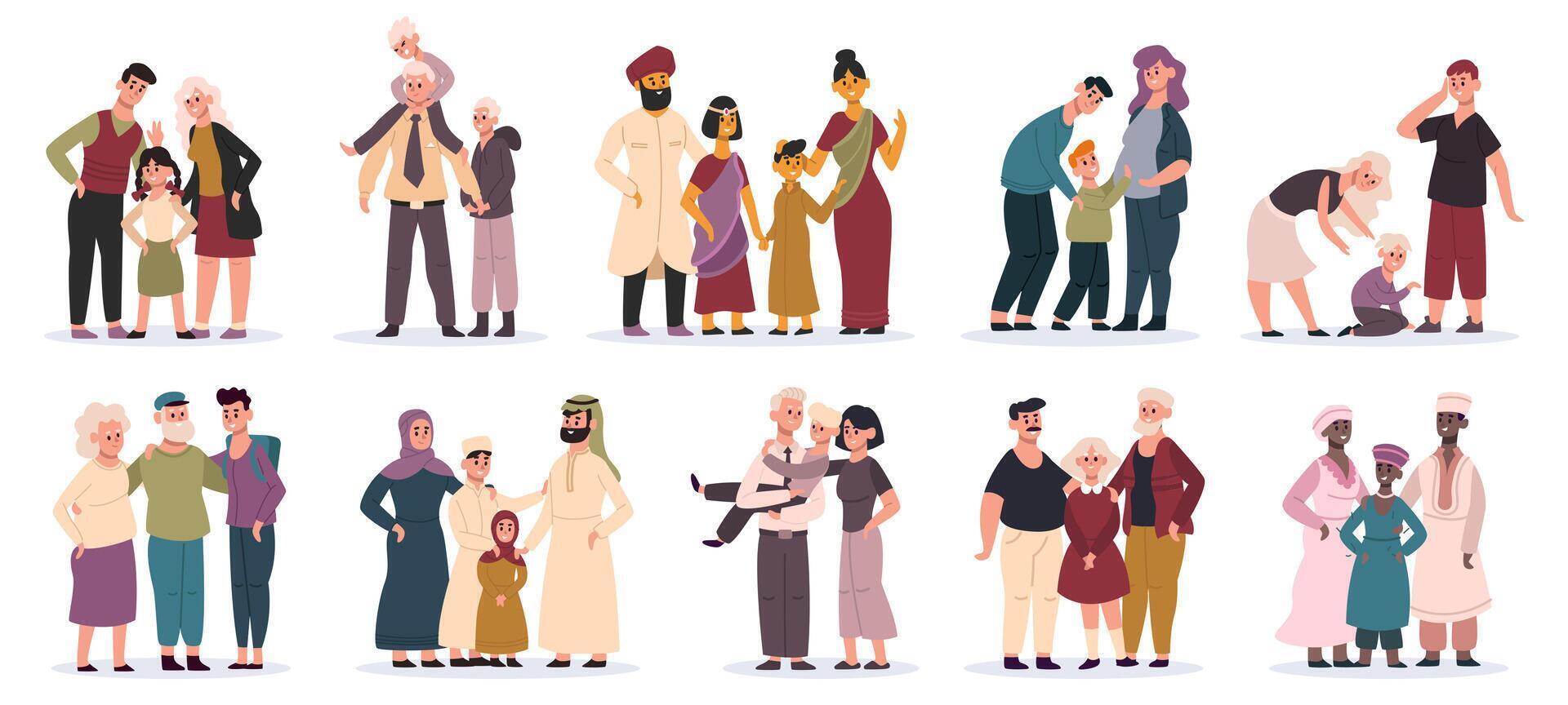 Multiracial families. Happy mothers, fathers and children, smiling family portrait. Cartoon family members illustration set vector