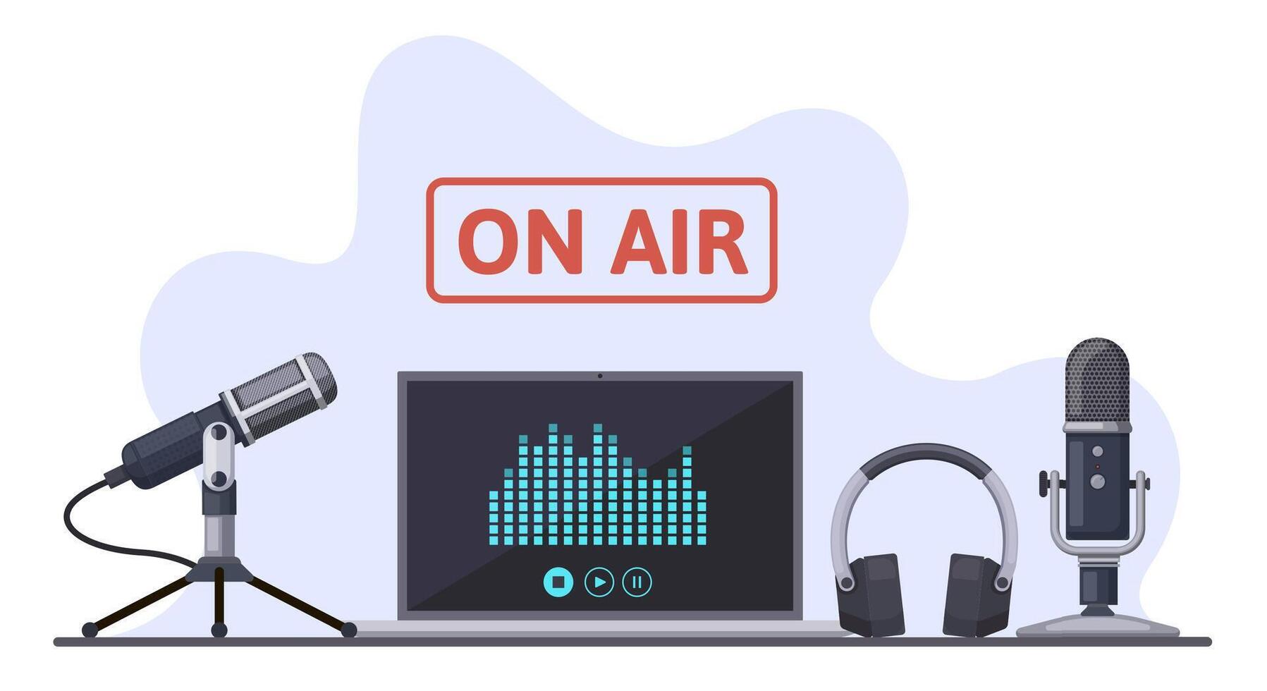 On air. Podcast, radio broadcast, or audio streams, sound recording with microphone and headphones. Online podcast illustration set vector