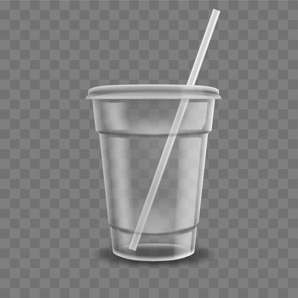 Realistic plastic coffee cup. Clear plastic cup mockup for coffee, iced tea, juice or milkshake. Disposable beverage packaging illustration vector