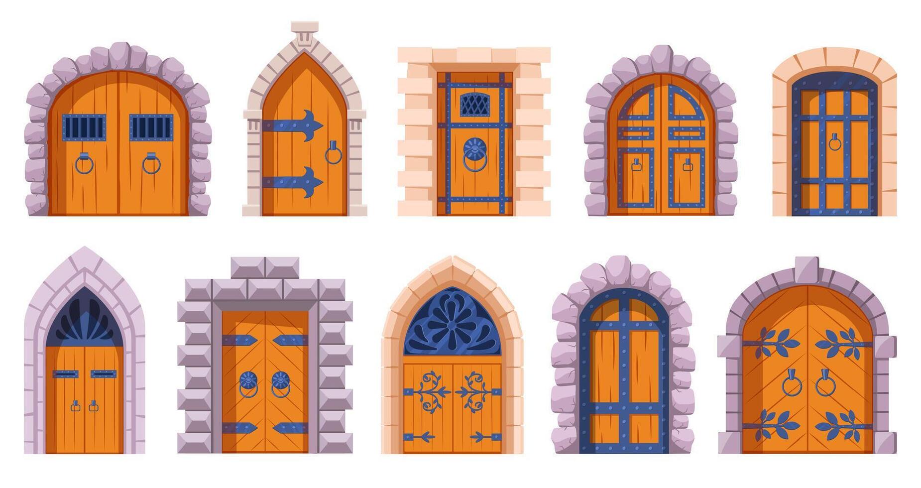 Castle medieval doors. Cartoon ancient fortress wooden gates, medieval kingdom castles gate illustration set. Medieval tower arch doors vector