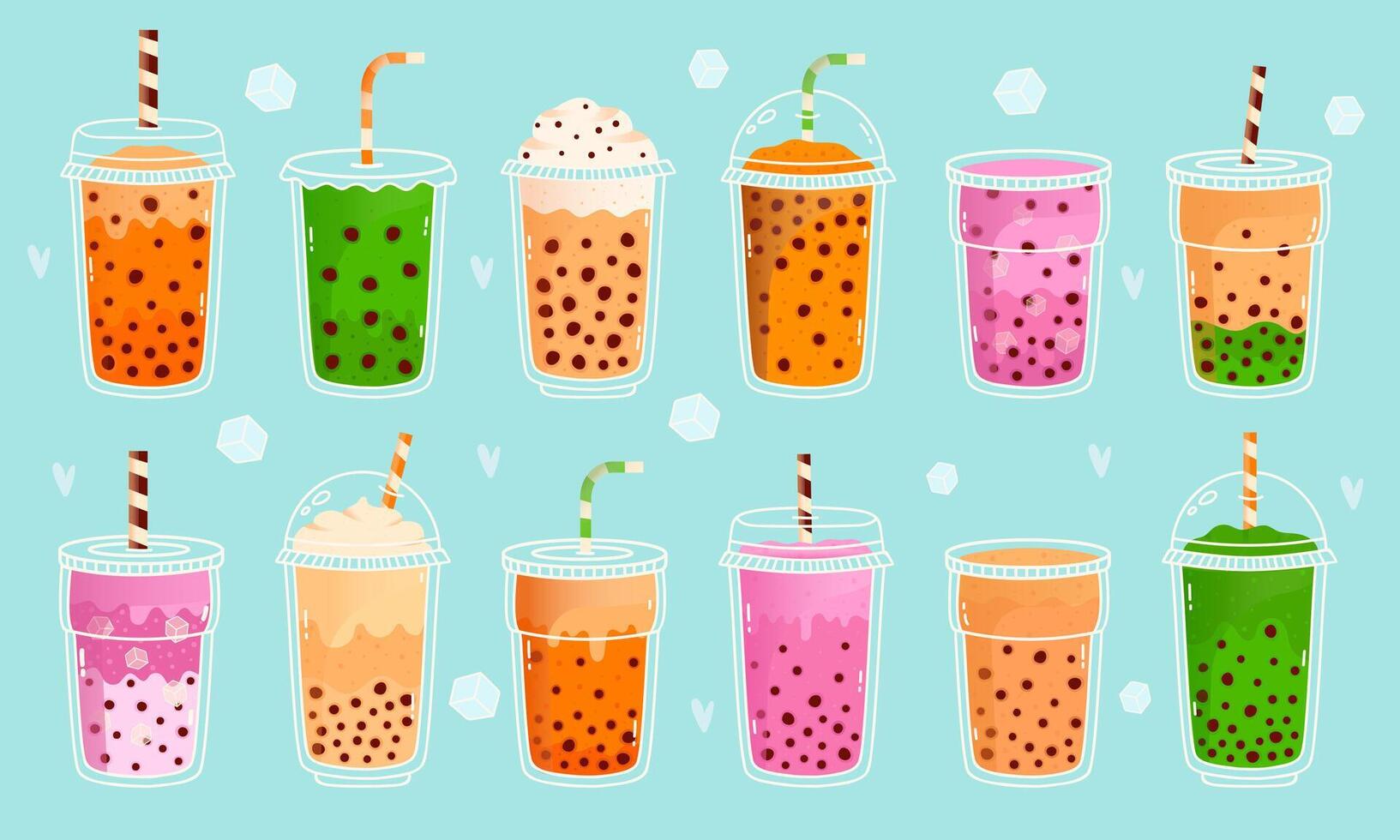 Bubble milk tea. Pearl milk tea, matcha milk, cocoa, fruit flavours and green tea, asian cute drinks. Boba milk tea with tapioca pearls illustration set vector