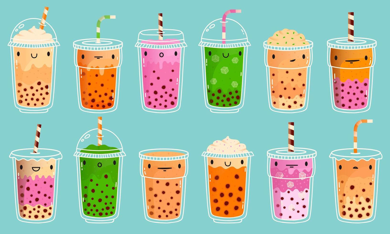 Bubble tea mascots. Cute bubble milk tea, matcha milk and green tea with tapioca pearls. Boba tea cute cartoon characters illustration set vector