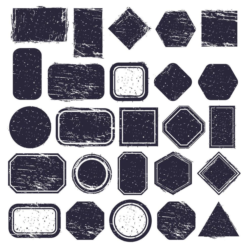 Rubber stamps. Grunge texture labels, retro rubber rectangular and circle frames. Distressed texture stamp illustration set vector