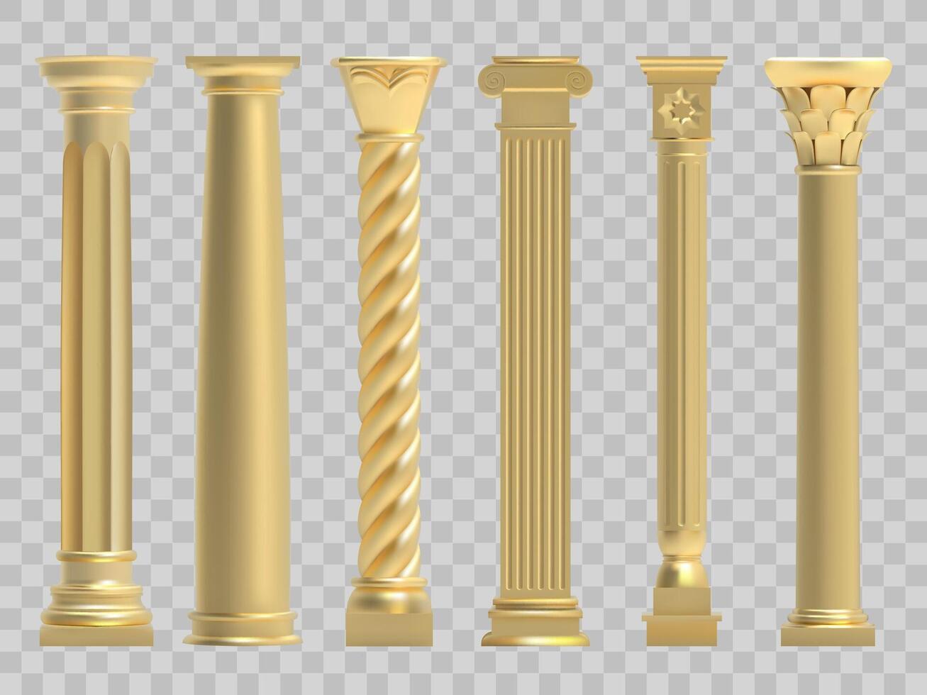 Ancient columns. Realistic golden greek ancient column, classic historic columns. Antique architectural gold pillars illustration set vector