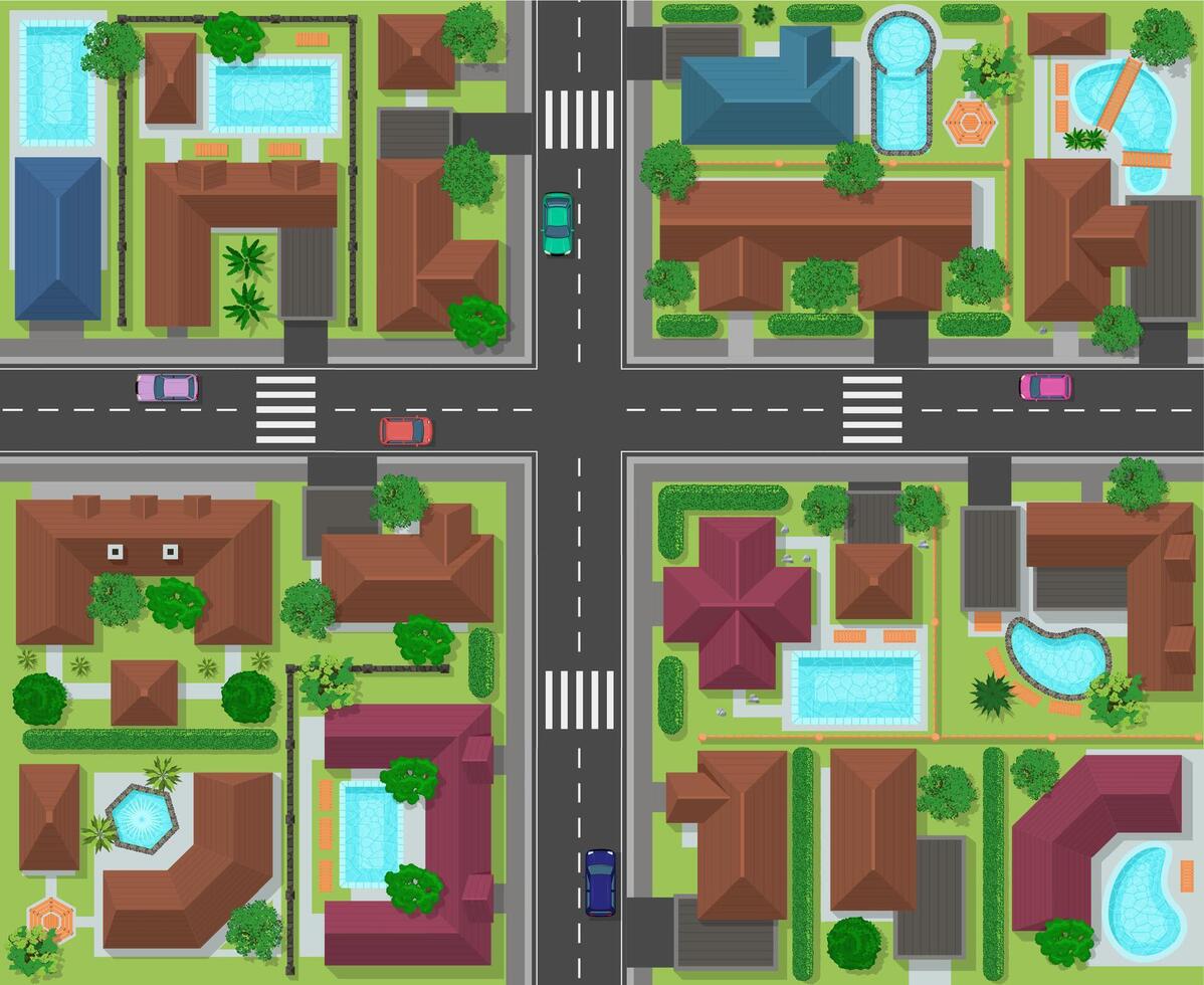 City block top view. Town street panorama with houses, gardens, trees and roads, city landscape infrastructure illustration. Top view city map vector