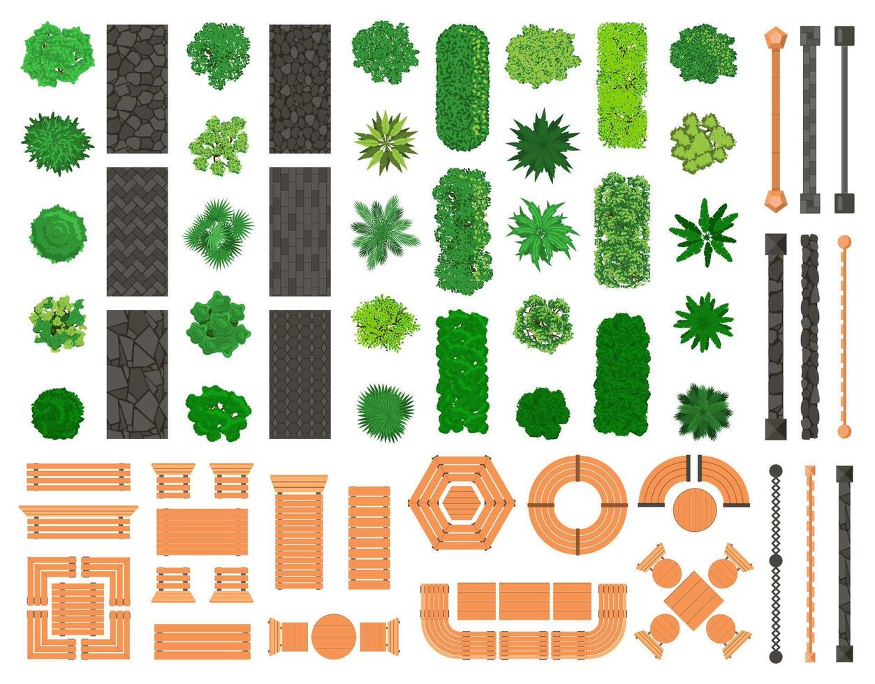 Outdoor landscape elements. Architectural, landscaping city park trees, benches, paths, tables and chairs illustration set. City landscape items vector